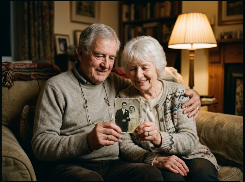 An older couple holding a restored wedding photo