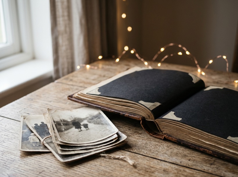 An open album and old family photographs in soft light